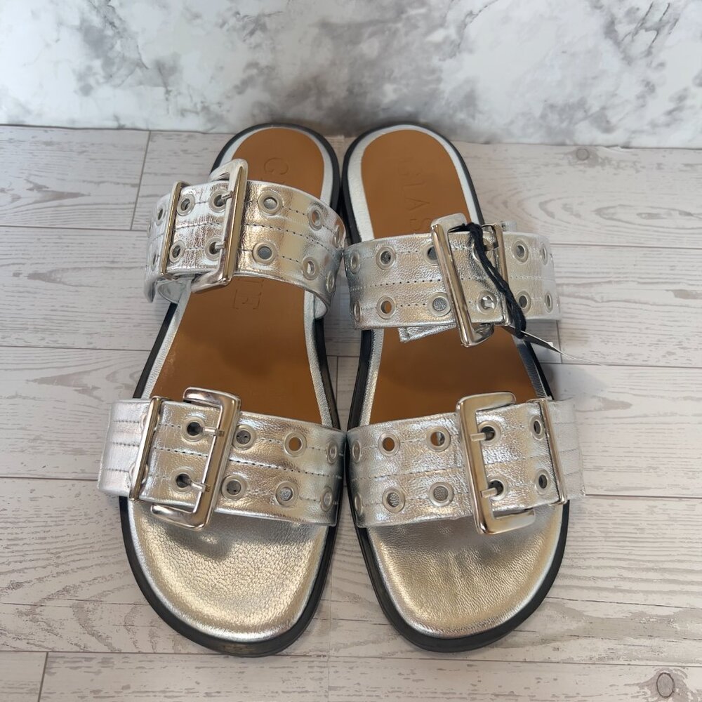 GIASONE Silver Metallic Women's Buckle Two-Strap Sandals Size EU39 - Picture 2 of 6